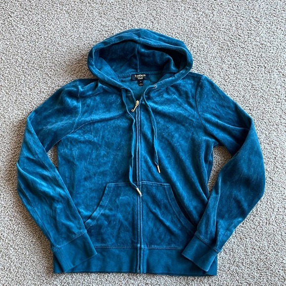 Juicy Couture Velour TrackSuit Zip hoodie medium teal bling rhinestone crown - Picture 4 of 6